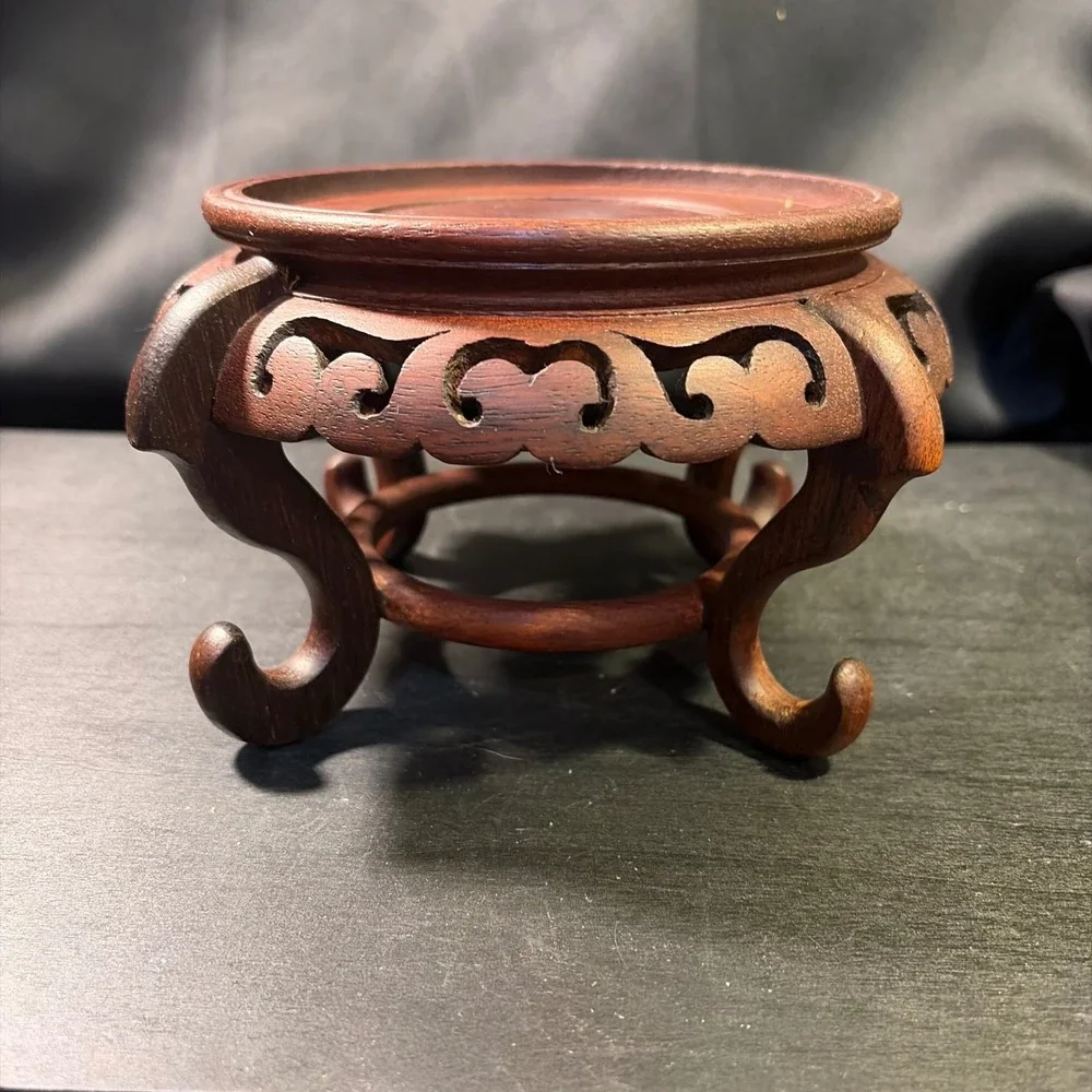 Vintage Carved Wood Pedestal Stand Ornate Asian Style Vase Riser 4.5 Inch